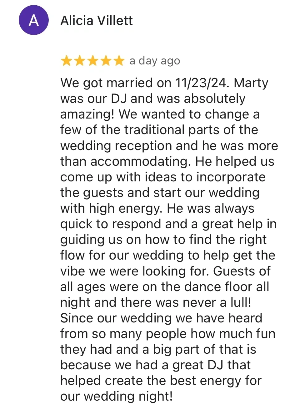 Customer review praising wedding DJ service.